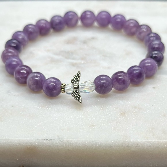 Lepidolite Natural Gemstone Bracelet - Angel Charm Bracelet - Picture 2 of 4